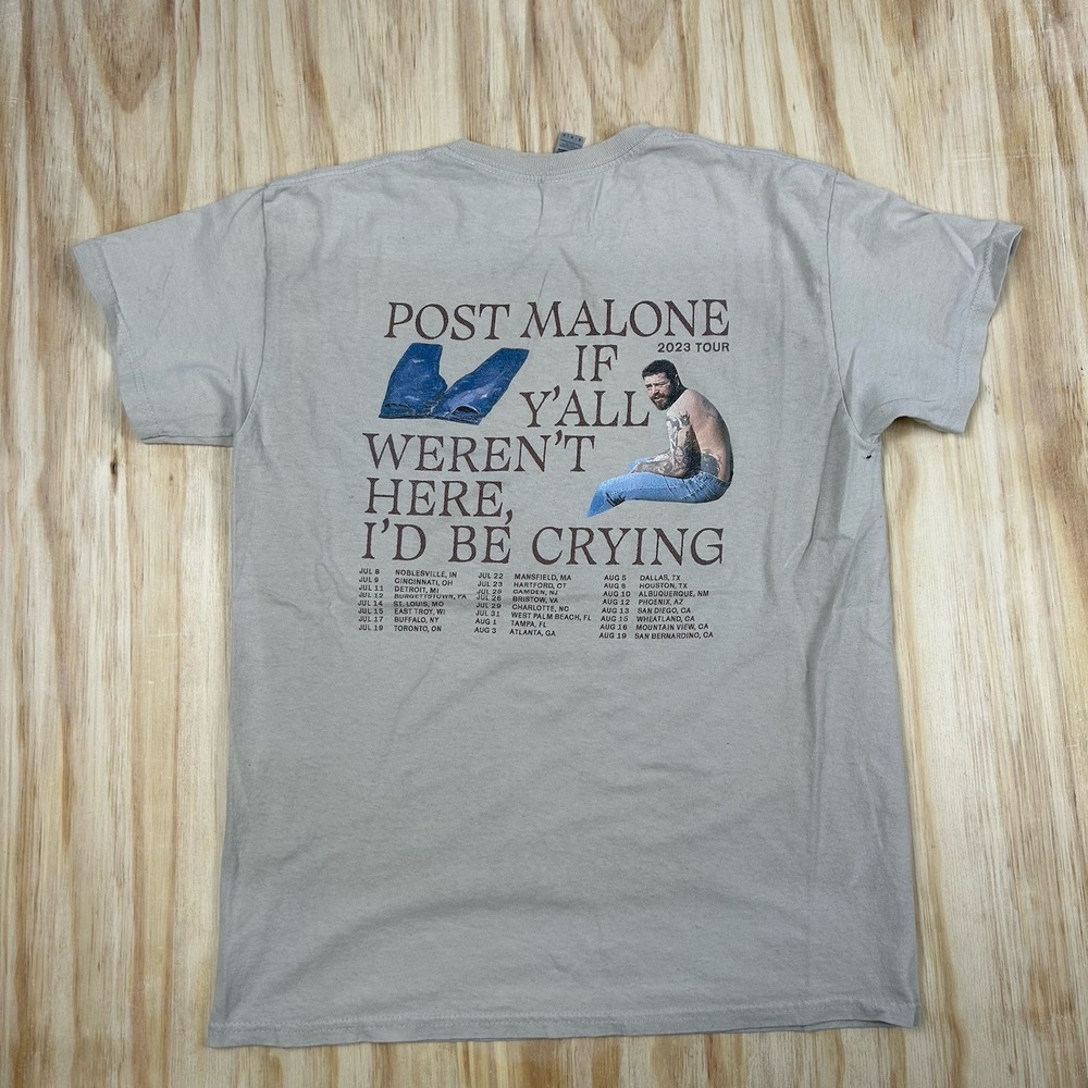 Post Malone Shirt Adult M 2023 Tour If Y'all Weren't Here Id‎ Be Crying Tan